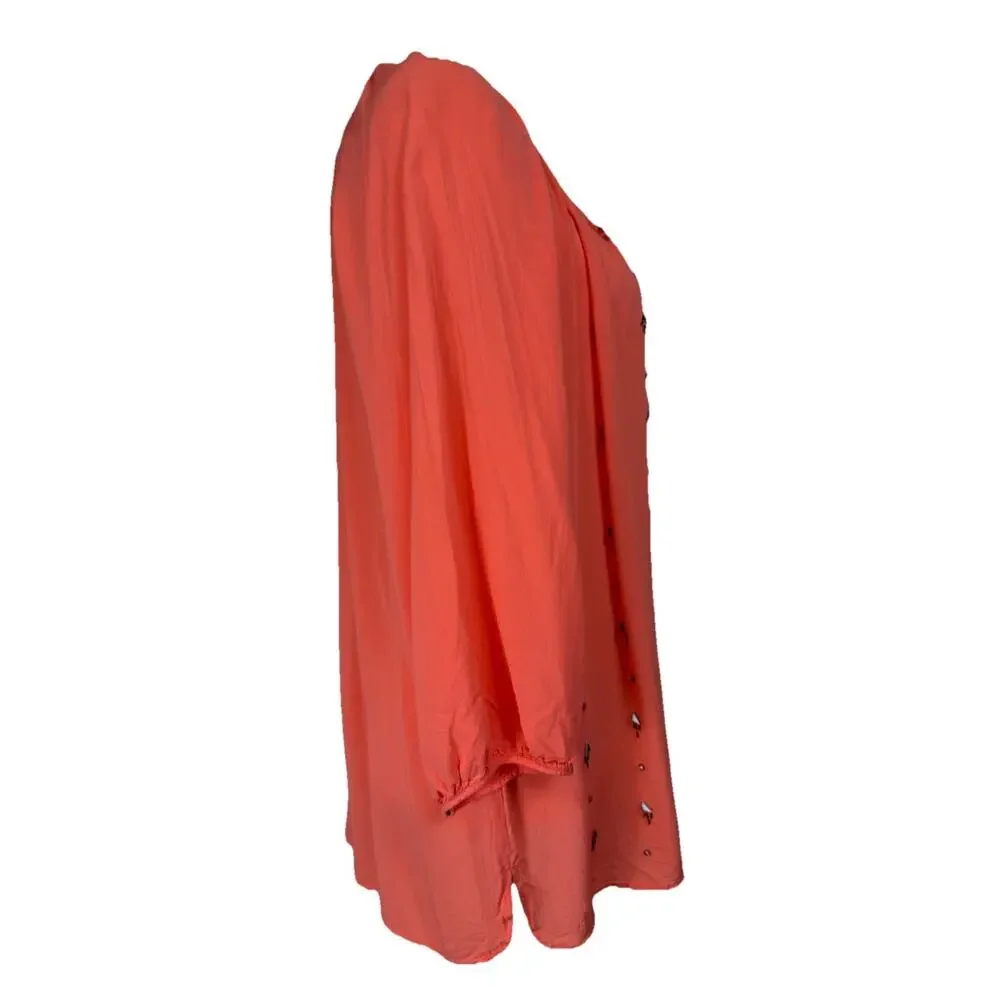 JCP Women’s Top Tunic L Coral Rhinestones 3/4 Sleeves Lightweight Flowy Beach - Picture 5 of 13